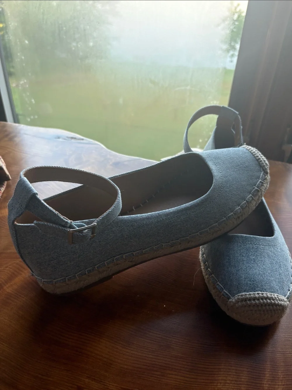 Crown Vintage Denim Espadrille Ankle-Strap Flats in Light Blue
